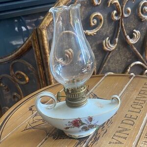 Petite Vintage Porcelain Floral Oil Lamp - White with Pink Rose Accent